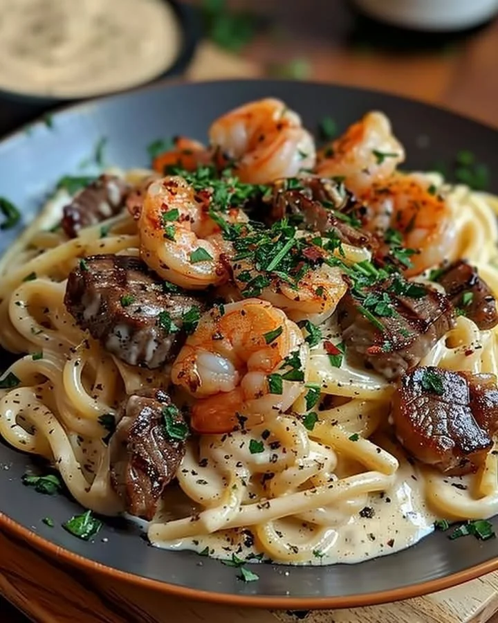 Cajun shrimp and steak alfredo pasta dish garnished with herbs