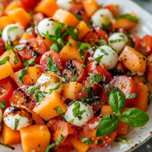 Cantaloupe and heirloom tomato salad with fresh herbs and dressing