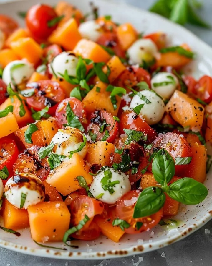 Cantaloupe and heirloom tomato salad with fresh herbs and dressing