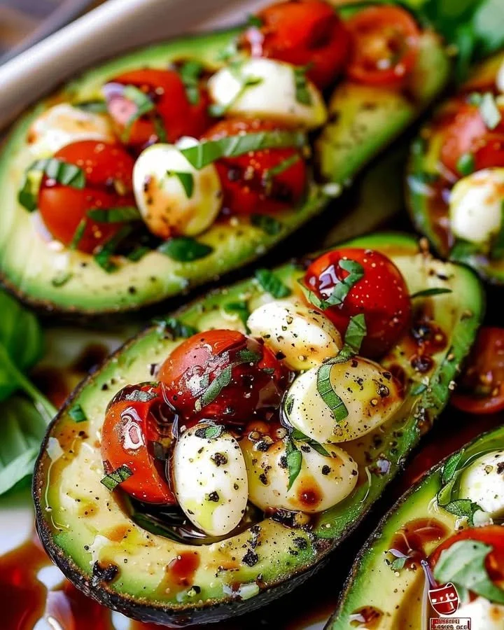 Delicious Caprese Stuffed Avocado with mozzarella, tomatoes, and basil