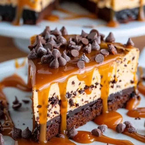 Delicious Caramel Brownie Cheesecake topped with rich caramel sauce.