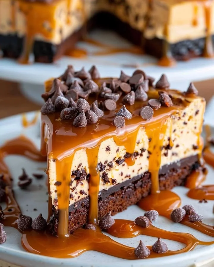 Delicious Caramel Brownie Cheesecake topped with rich caramel sauce.