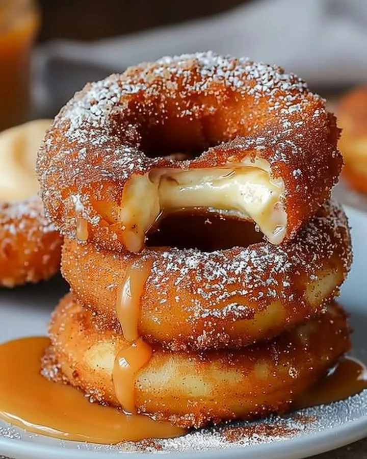 Delicious caramel cheesecake-stuffed churro rings on a plate