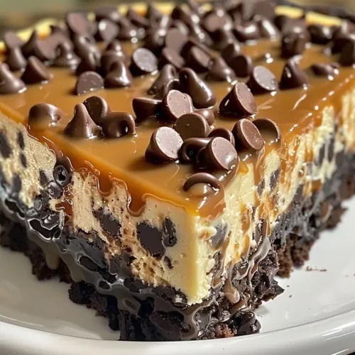 Delicious Caramel Chocolate Chip Cheesecake topped with chocolate chips and caramel drizzles.