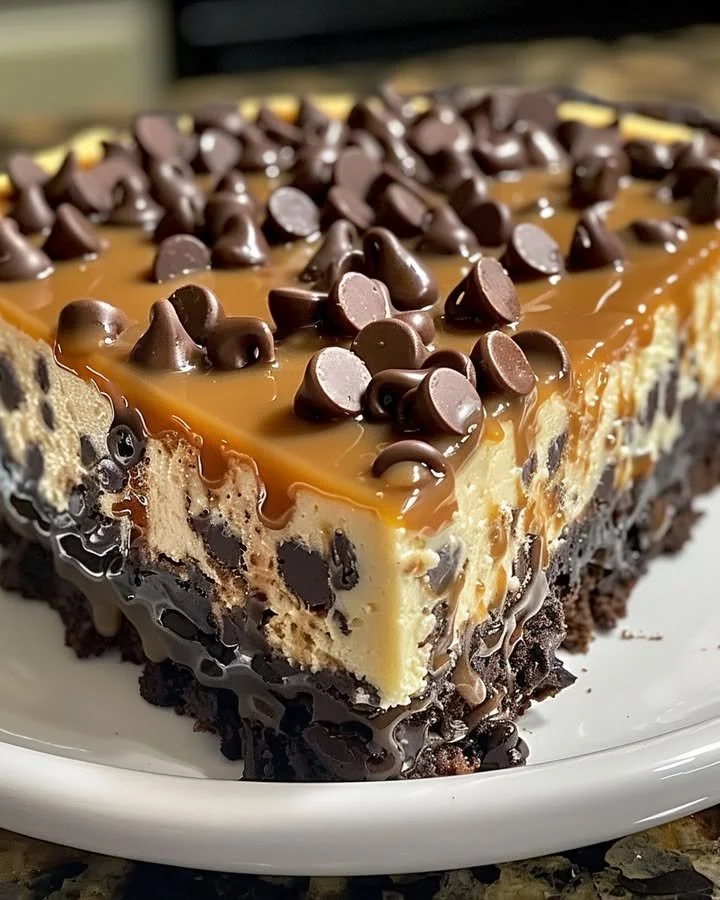 Delicious Caramel Chocolate Chip Cheesecake topped with chocolate chips and caramel drizzles.