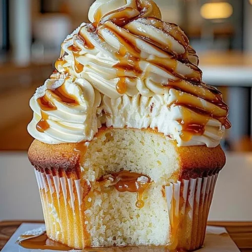 Caramel cupcake topped with cream cheese frosting on a decorative plate