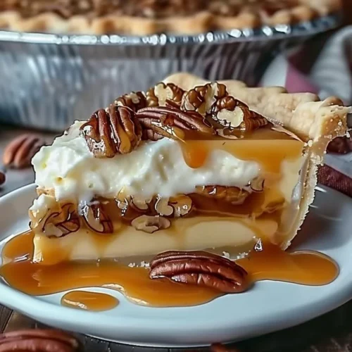Slice of Caramel Pecan Delight Pie with a rich caramel and pecan topping