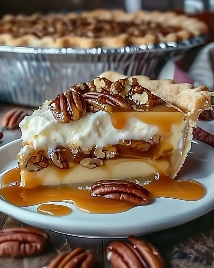 Slice of Caramel Pecan Delight Pie with a rich caramel and pecan topping
