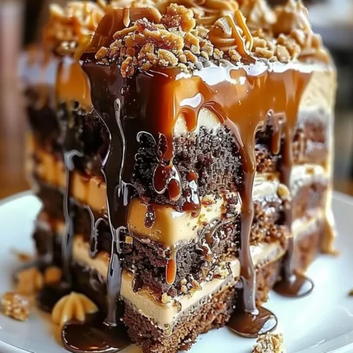 Delicious Caramel Toffee Crunch Cake topped with toffee bits and caramel drizzle.