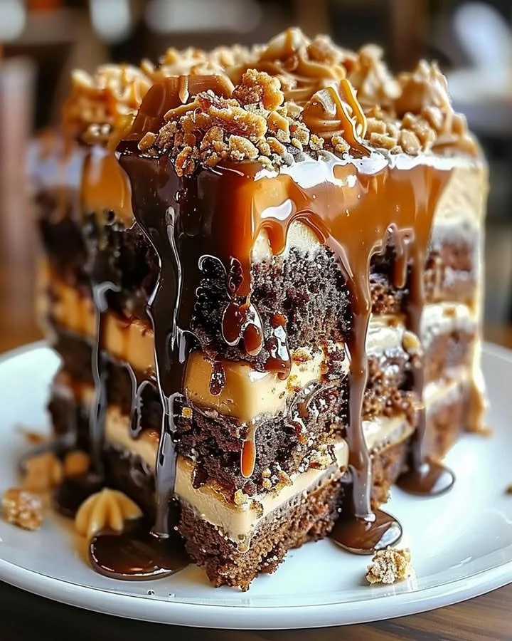 Delicious Caramel Toffee Crunch Cake topped with toffee bits and caramel drizzle.