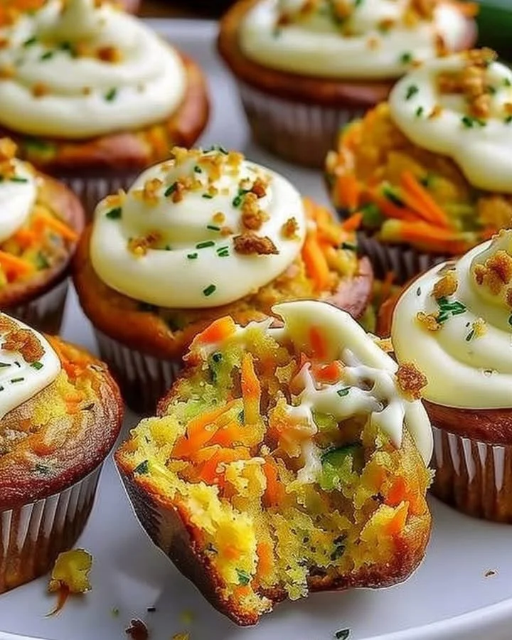 Delicious Carrot Apple Zucchini Muffins topped with cream cheese frosting