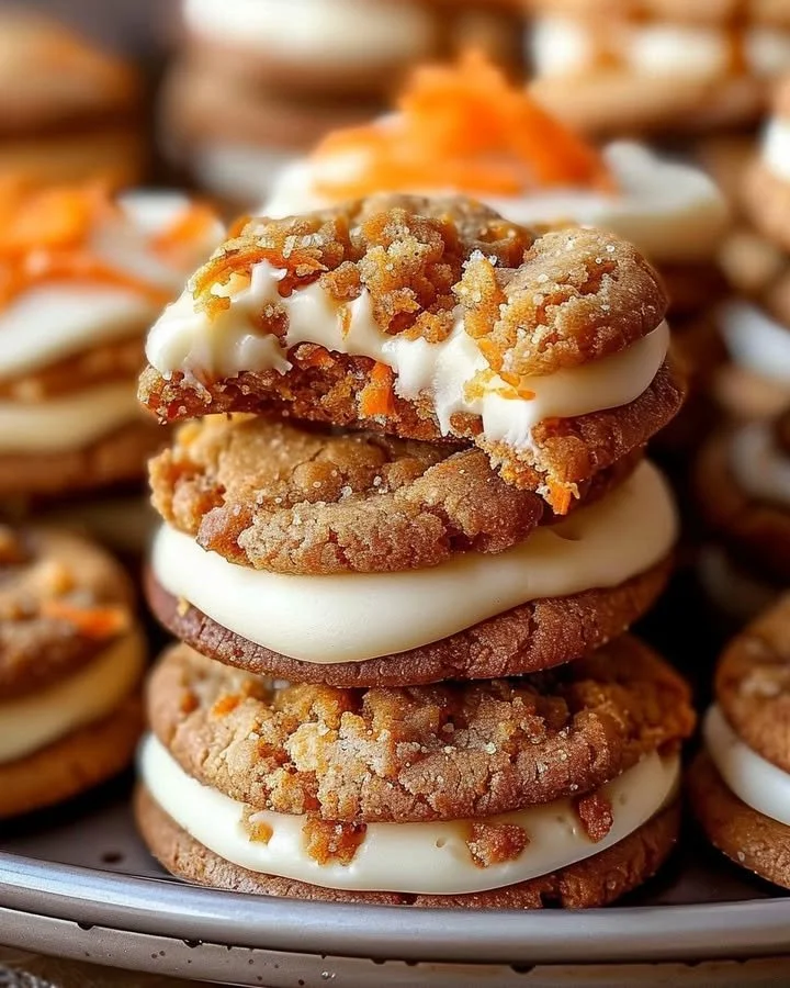 Carrot cake cheesecake cookies on a plate with frosting and walnuts