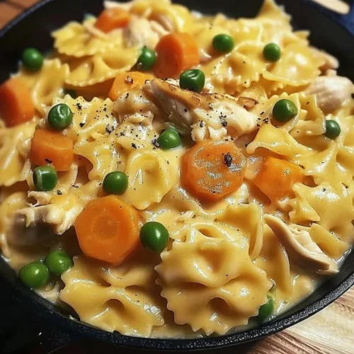Delicious cheap and lazy chicken pot pie pasta recipe garnished with herbs.