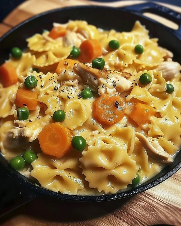 Delicious cheap and lazy chicken pot pie pasta recipe garnished with herbs.