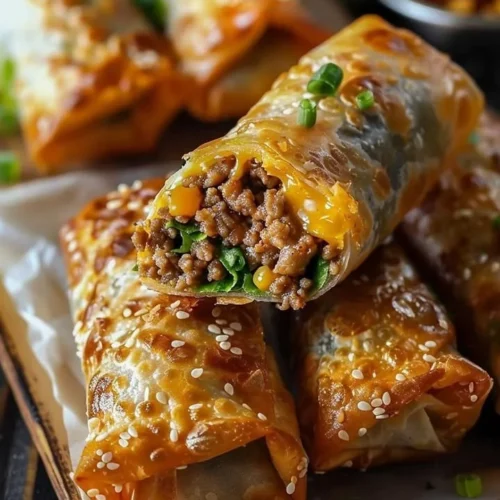 Cheeseburger egg rolls with dipping sauce on a plate