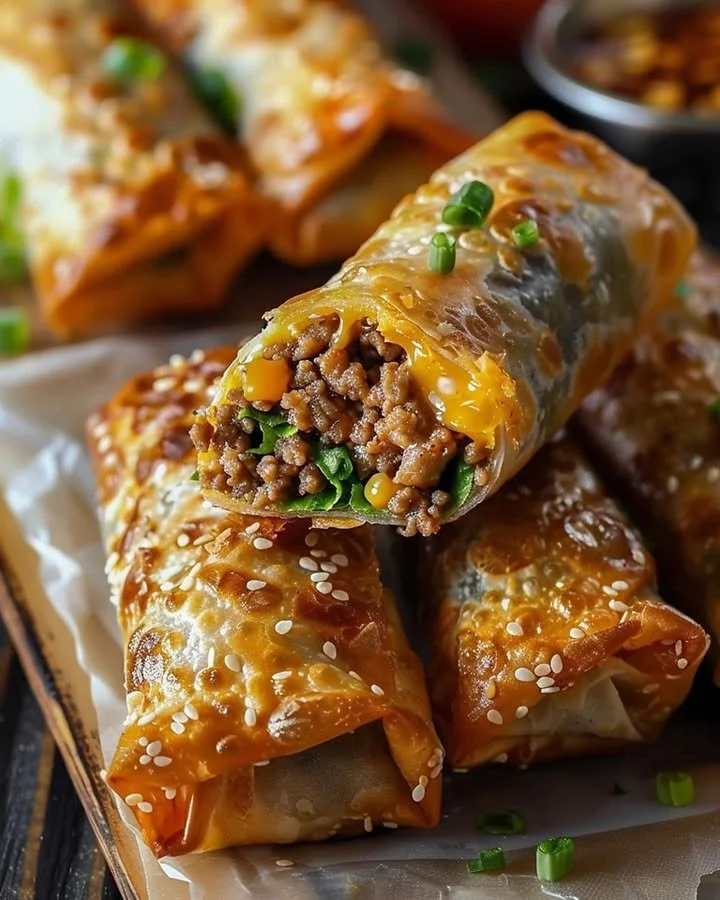 Cheeseburger egg rolls with dipping sauce on a plate