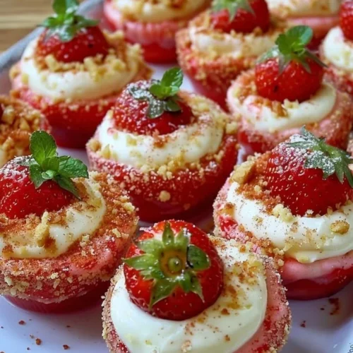 Delicious cheesecake deviled strawberries served as dessert