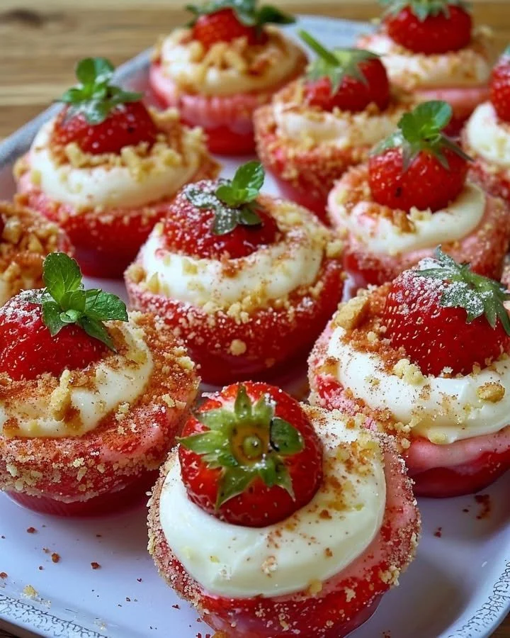 Delicious cheesecake deviled strawberries served as dessert