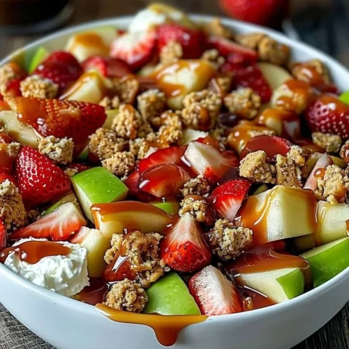 Delicious cheesecake fruit salad topped with fresh berries and cream.