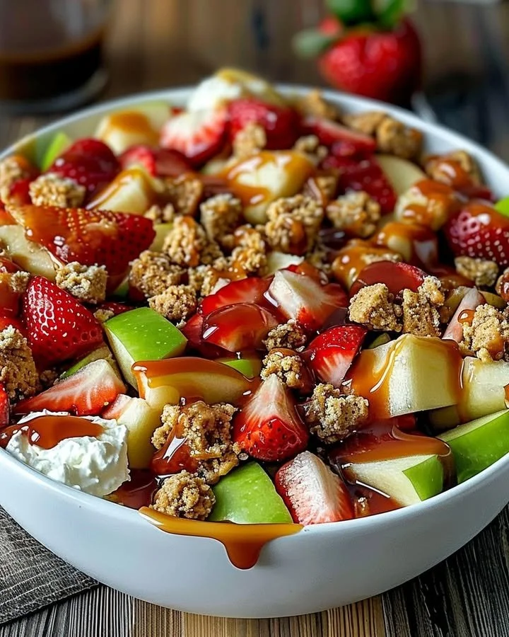 Delicious cheesecake fruit salad topped with fresh berries and cream.