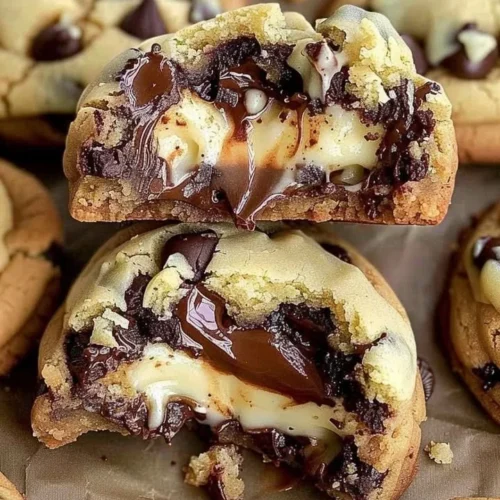 Cheesecake stuffed chocolate chip cookies on a plate
