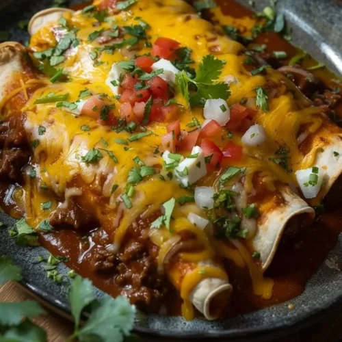 Delicious cheesy beef enchiladas served with toppings