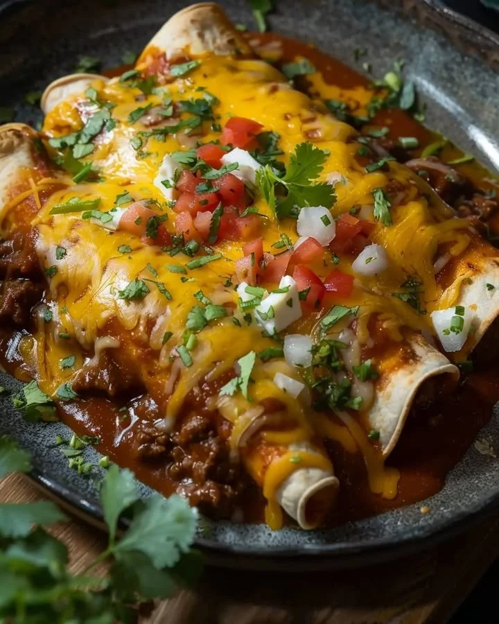 Delicious cheesy beef enchiladas served with toppings