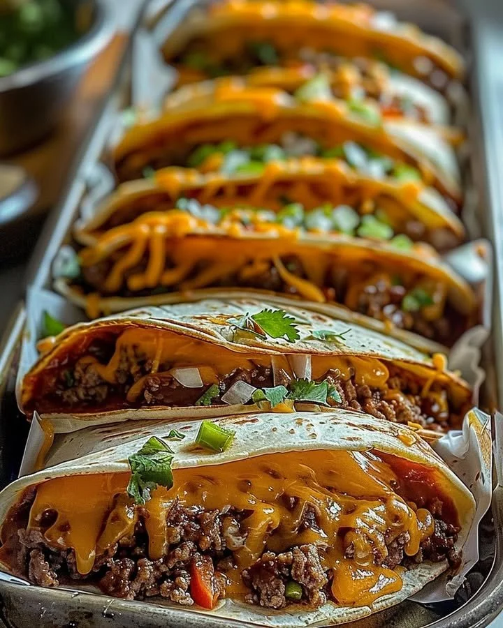 Cheesy beef taco-stuffed tortilla pockets ready to enjoy