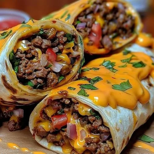 Cheesy beef wraps filled with melted cheese and seasoned beef