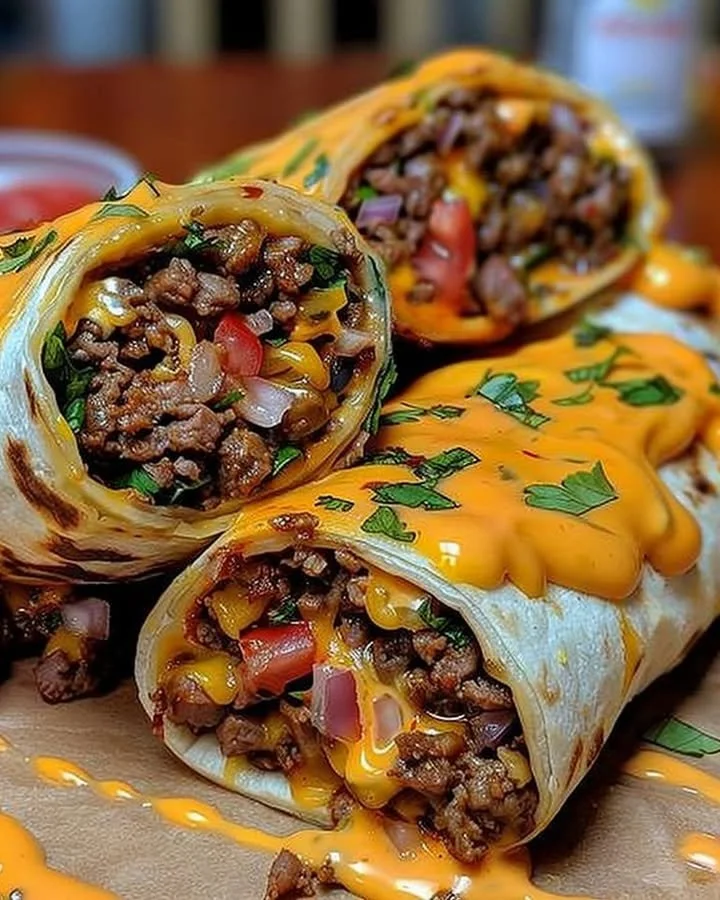 Cheesy beef wraps filled with melted cheese and seasoned beef