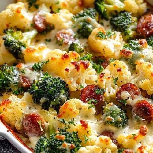 Cheesy broccoli and cauliflower bake, a flavorful and healthy dish.