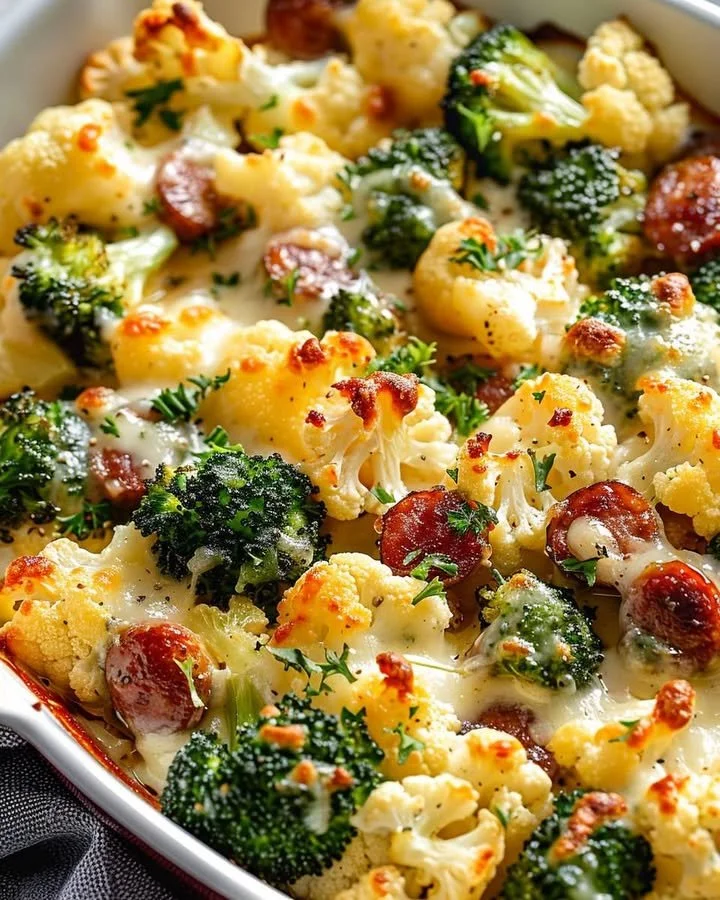 Cheesy broccoli and cauliflower bake, a flavorful and healthy dish.