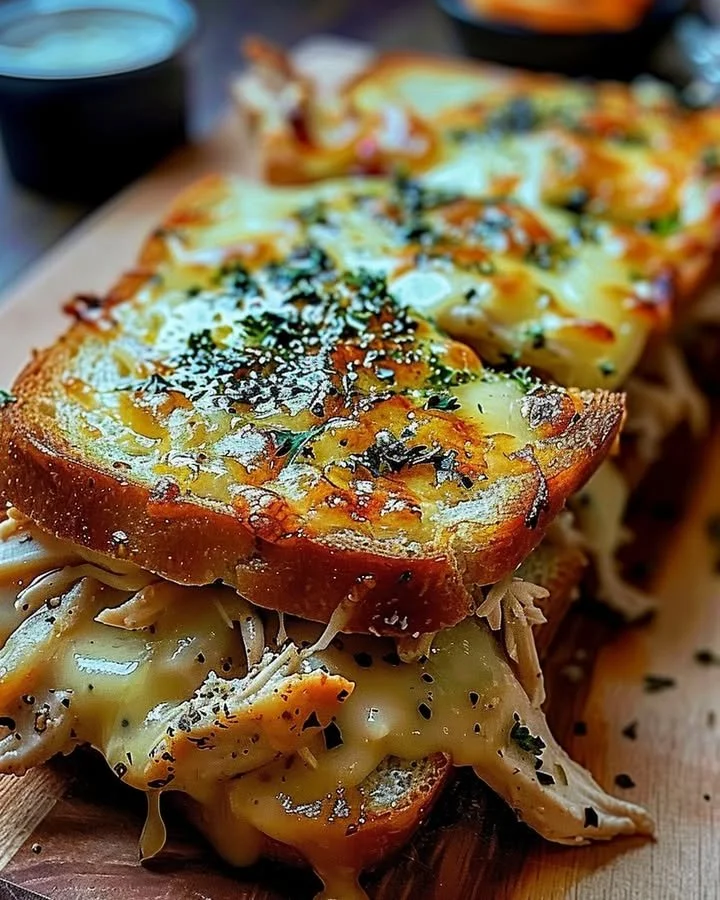 Cheesy Chicken Garlic Bread Sandwich with melted cheese and herbs