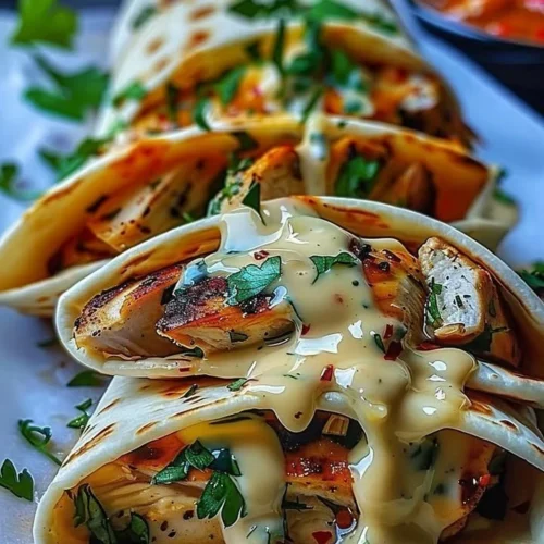 Delicious cheesy garlic chicken wraps ready to serve