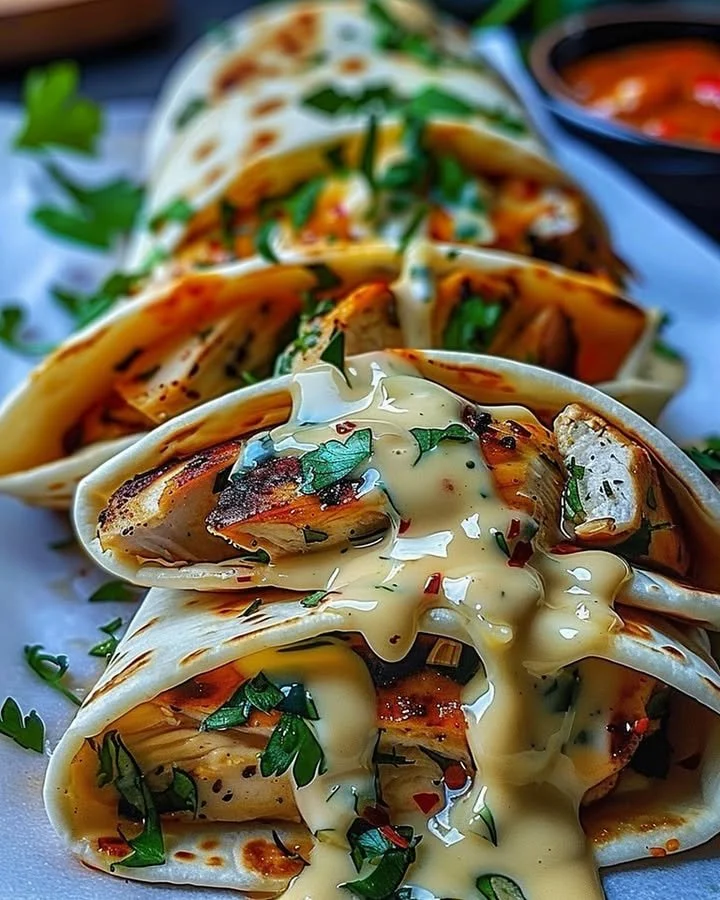 Delicious cheesy garlic chicken wraps ready to serve