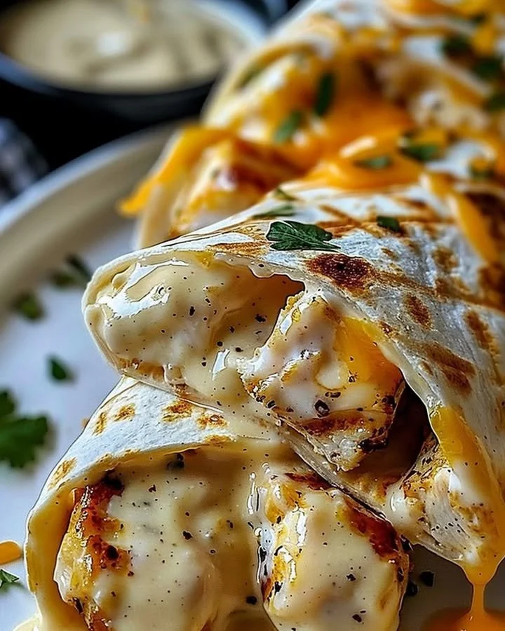 Cheesy garlic chicken wraps served on a plate, ready for dinner.