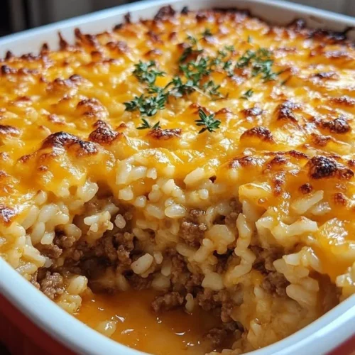 Cheesy Ground Beef Rice Casserole served in a baking dish