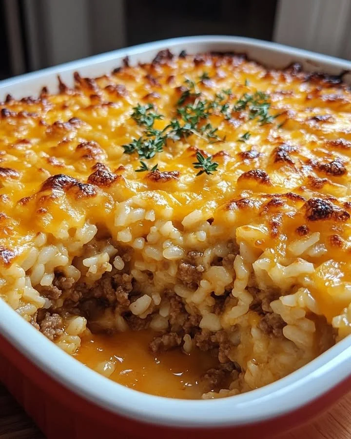 Cheesy Ground Beef Rice Casserole served in a baking dish