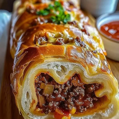 Cheesy ground beef stuffed bread roll on a wooden cutting board