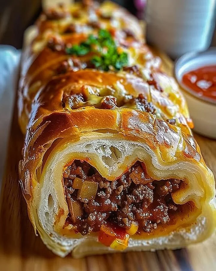 Cheesy ground beef stuffed bread roll on a wooden cutting board