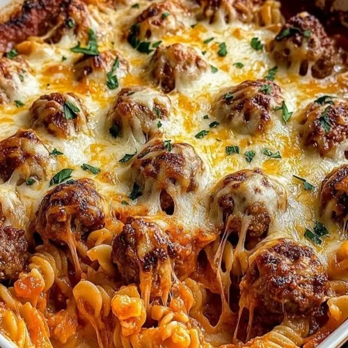 Cheesy meatball pasta bake fresh out of the oven, topped with melted cheese
