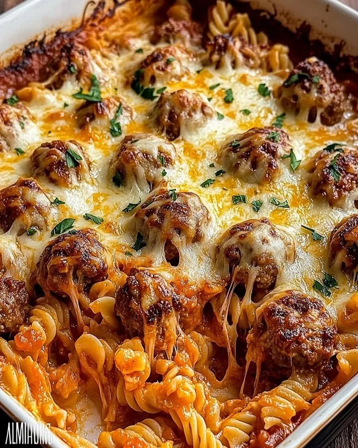 Cheesy meatball pasta bake fresh out of the oven, topped with melted cheese