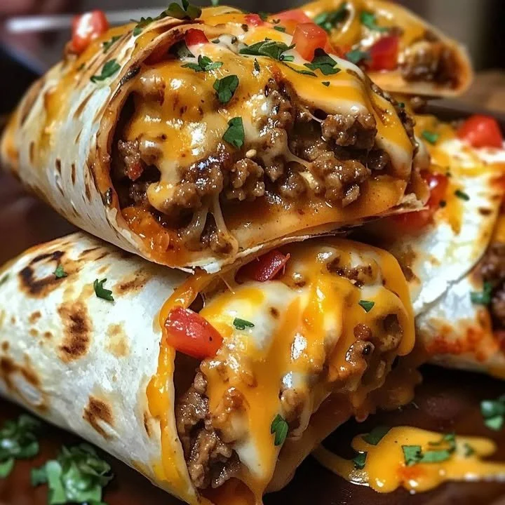 Cheesy Nacho Beef Burritos topped with melted cheese and savory beef filling