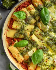Plate of cheesy pesto manicotti with rich ricotta cheese and green pesto sauce