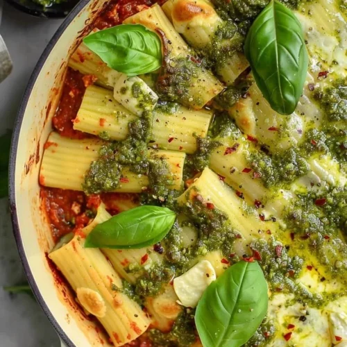 Plate of cheesy pesto manicotti with rich ricotta cheese and green pesto sauce