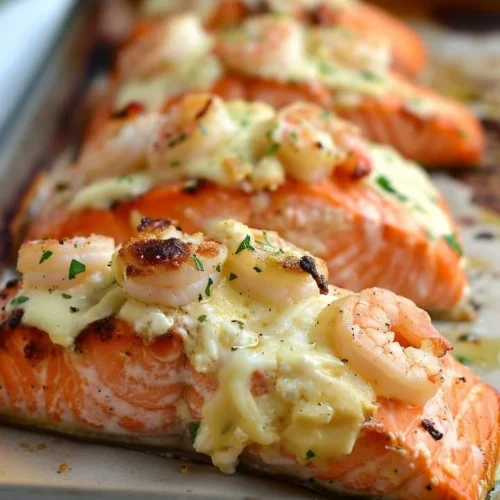 Delicious cheesy shrimp stuffed salmon topped with herbs and cheese