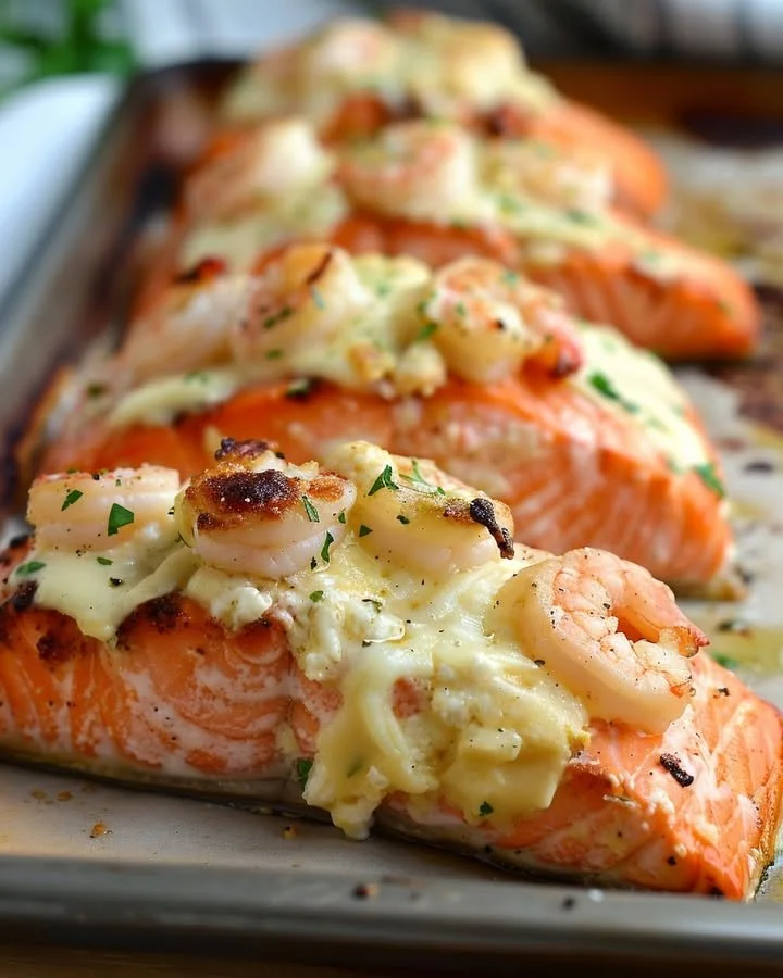 Delicious cheesy shrimp stuffed salmon topped with herbs and cheese