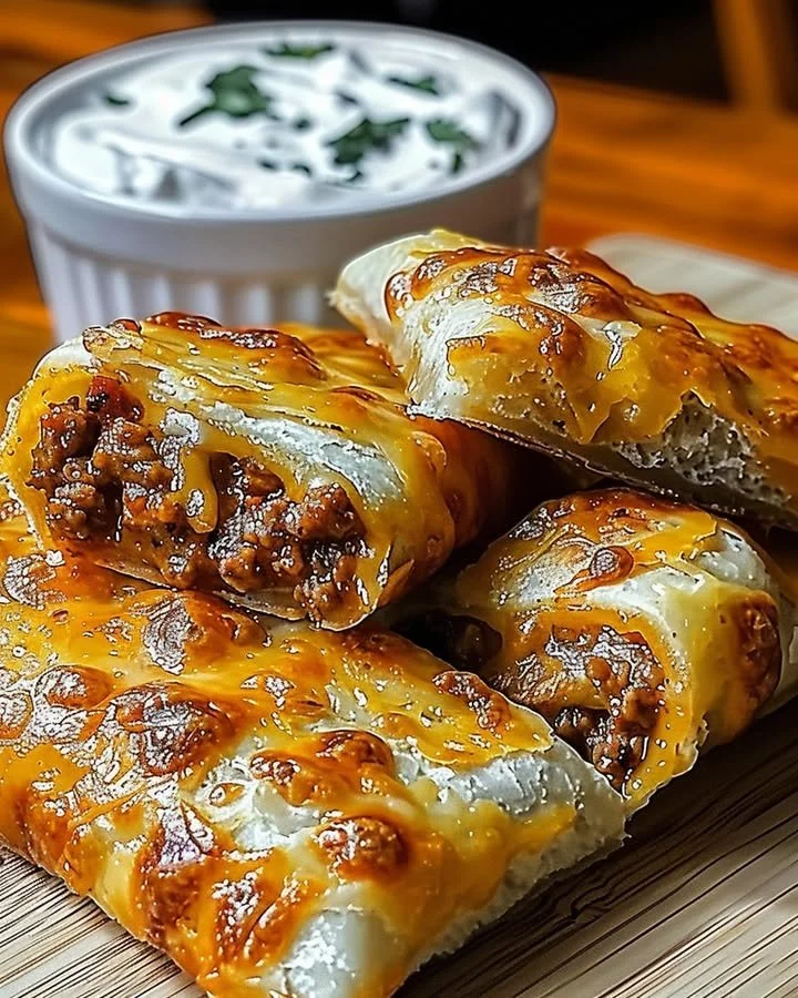 Cheesy taco sticks served on a plate, garnished with salsa and cilantro.