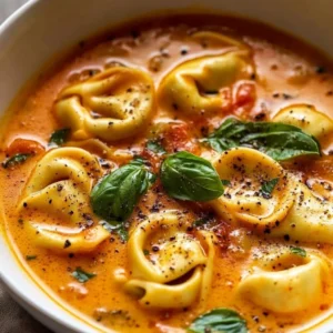 Bowl of Cheesy Tomato Tortellini Soup with fresh herbs on top