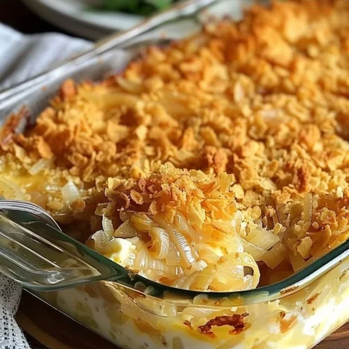Cheesy Vidalia Onion Casserole dish ready to serve